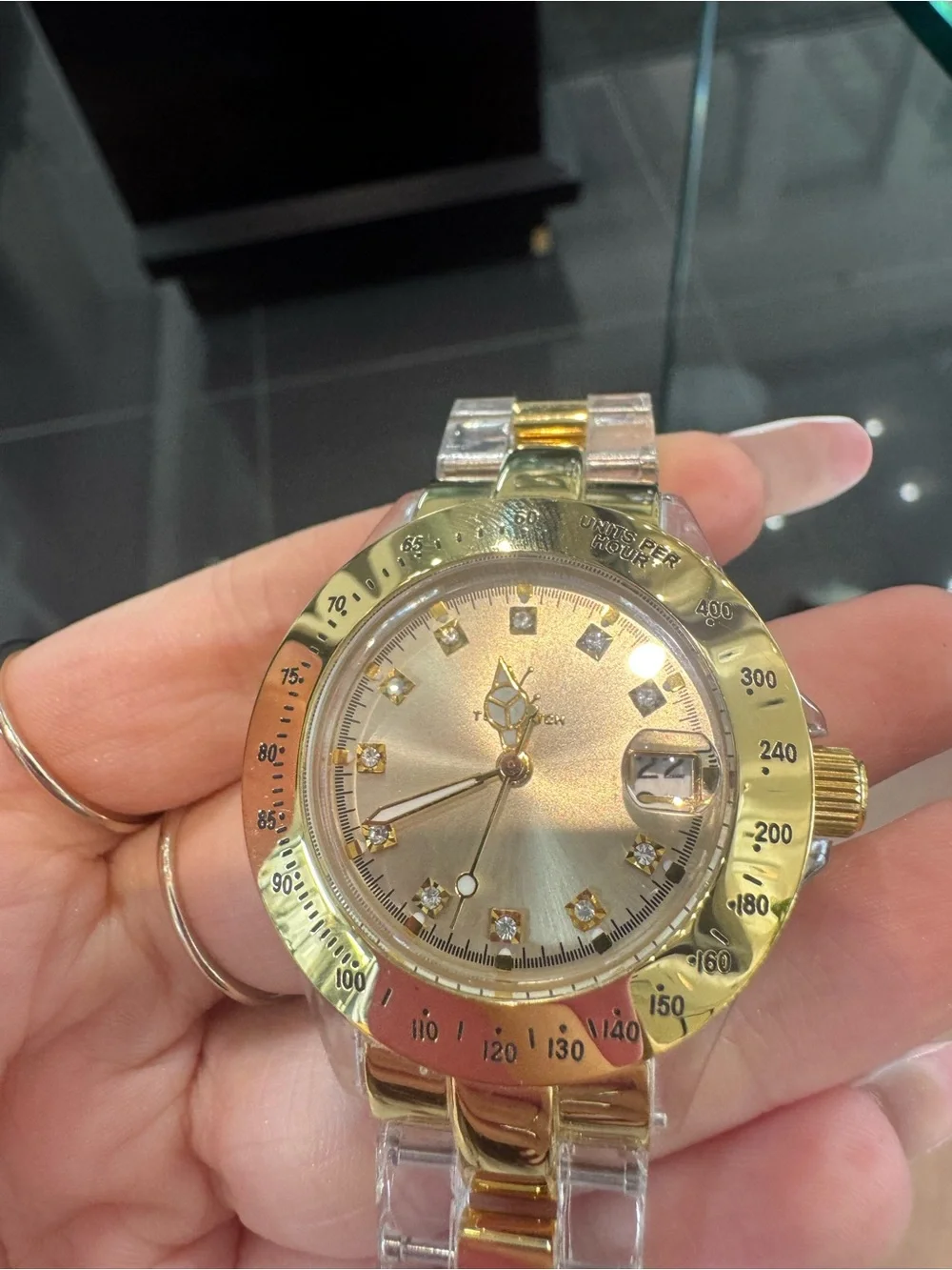 New ToyWatch Clear Acrylic Gold Tone Crystal Dial Dress Watch